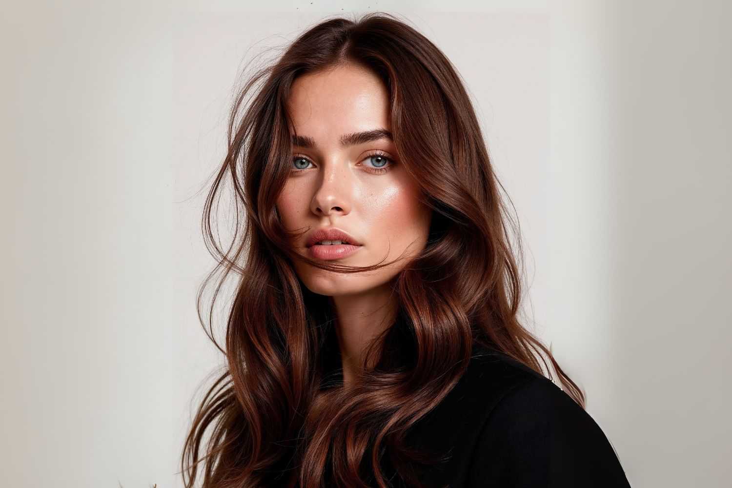 Woman with long, wavy brown hair against a plain background.