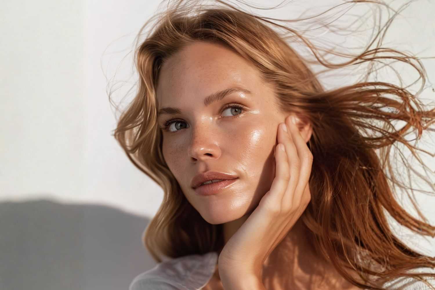 Woman with flowing hair, touching her face, looking thoughtful against a light background.